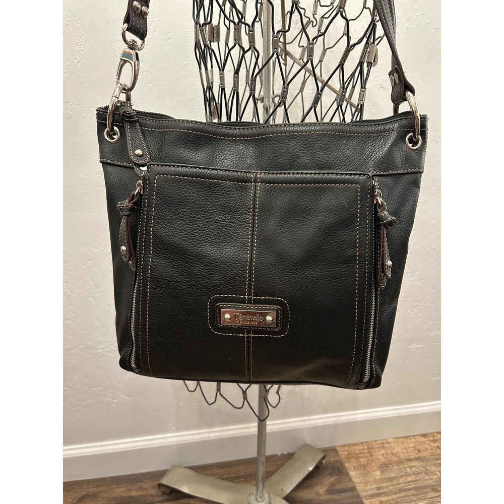 Tignanello Black Pebbled Leather Crossbody Bag Built-in Wallet Organizer Purse